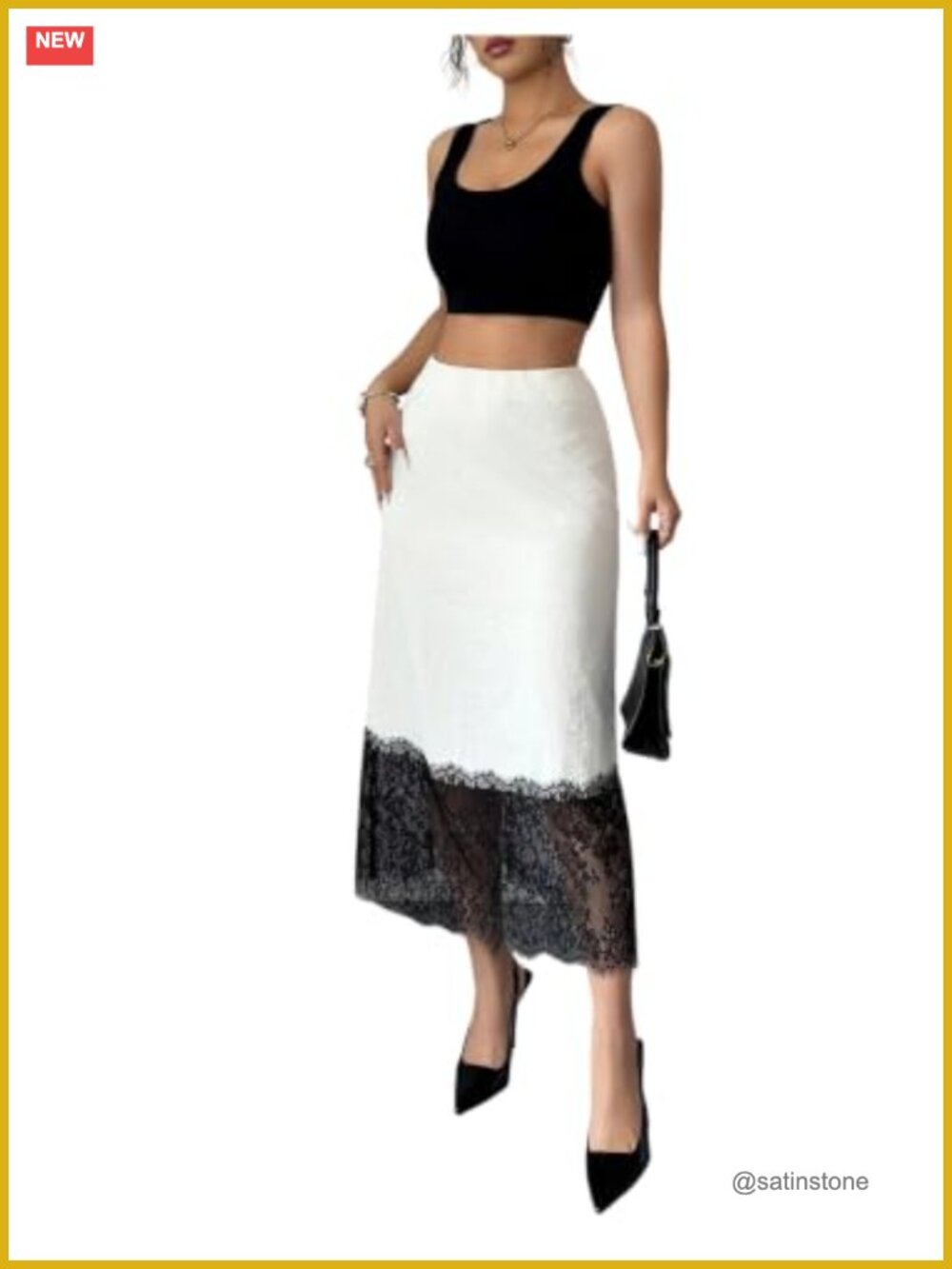 Midi Skirt Lace Trim Elastic Waist Straight Skirt 100% Polyester